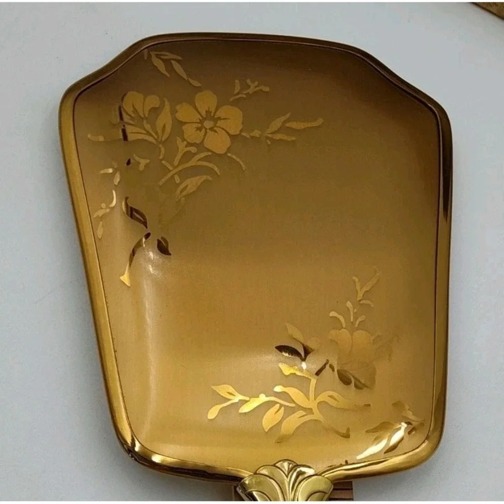 VTG Mirror Hairbrush Comb Handler FLORAL DESIGN Vanity Antq Goldtoned B507SA3572